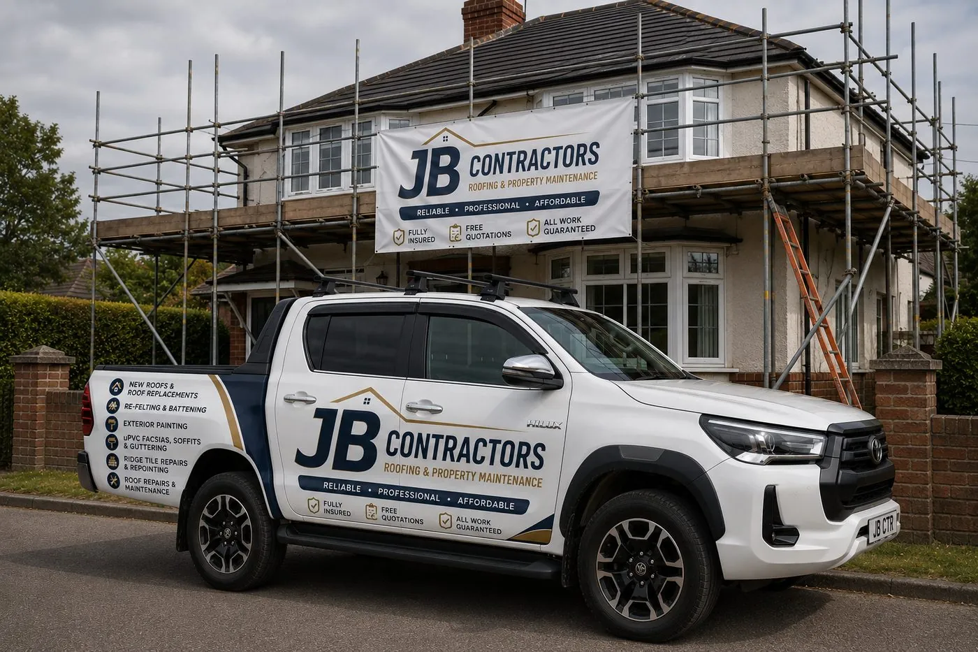 Barnstaple Roofing pickup truck on site at a scaffolded roofing job in Barnstaple